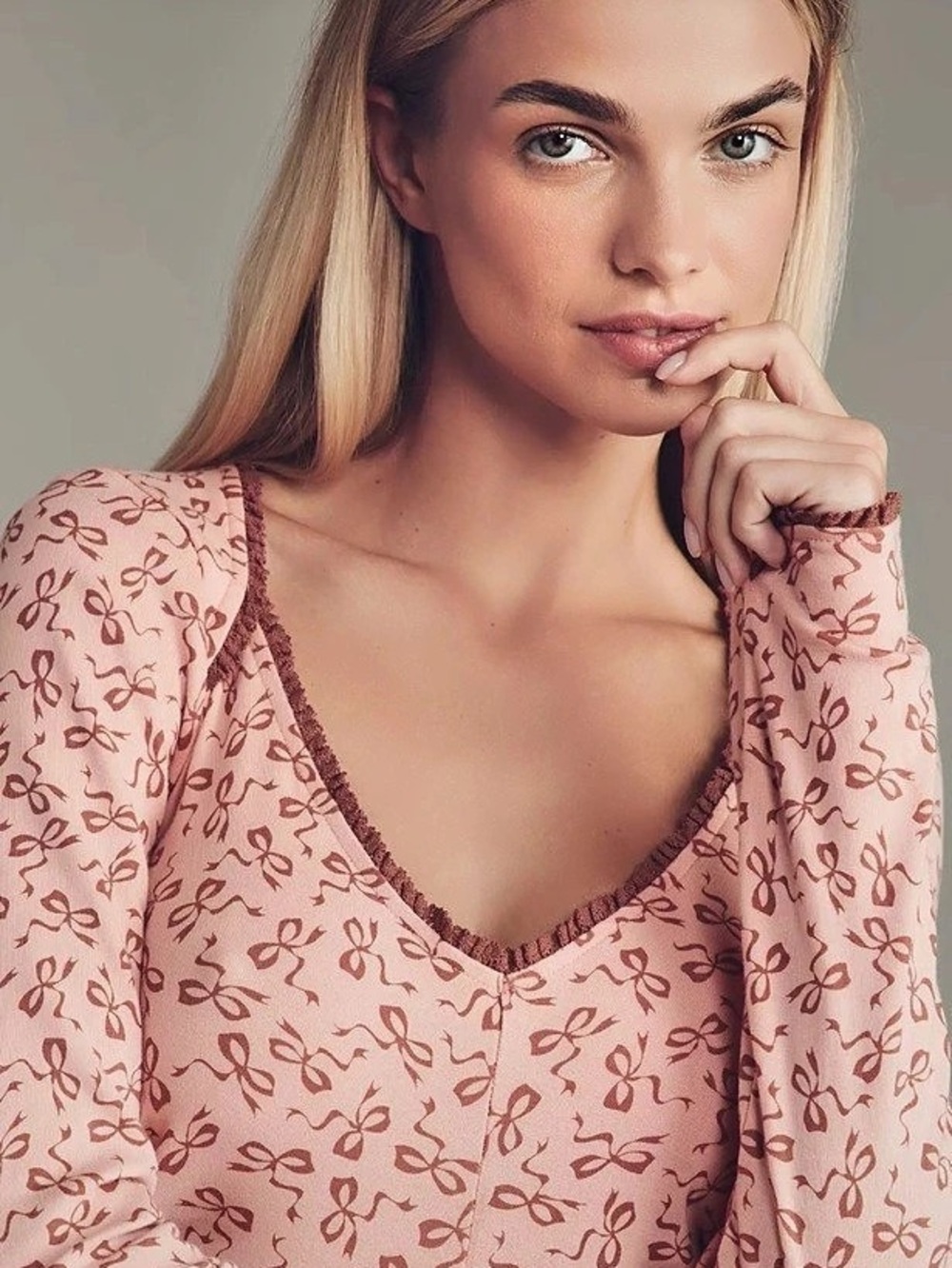 Anthropologie Maeve Bow Print Lace V-Neck Top Long Sleeve Pink & Brown Small